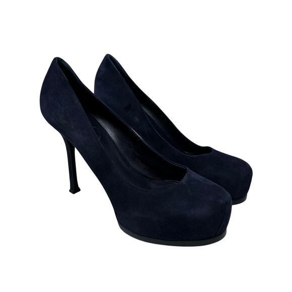 YSL Saint Laurent Tribute Pumps Womens 38.5 US 8.5 Navy Suede Platform Stiletto - Picture 1 of 12